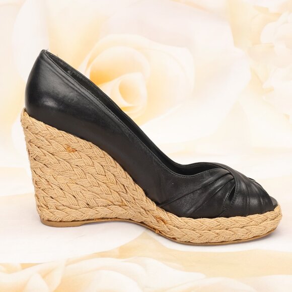 Stuart Weitzman Peep Toe Espadrille Wedge Heels Shoes 7M Black Leather - Picture 6 of 10